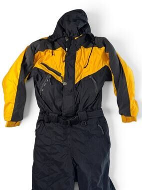 Vintage SKIIQUE Ski Snow Suit Insulated One Piece Snowsuit XL Black Yellow